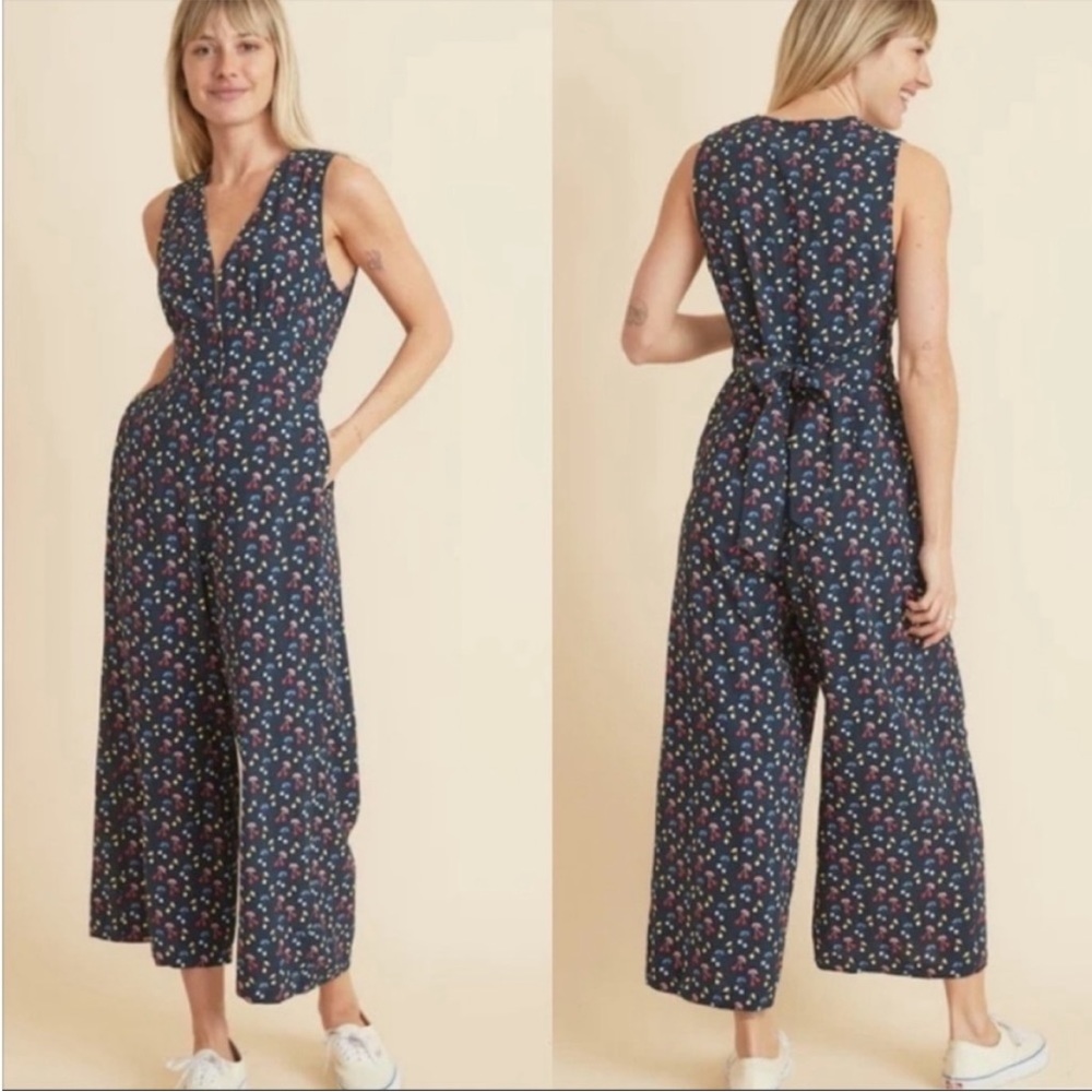 Marine Layer Navy Blue Cherry Printed Sleeveless Jumpsuit Tie Waist Womens L